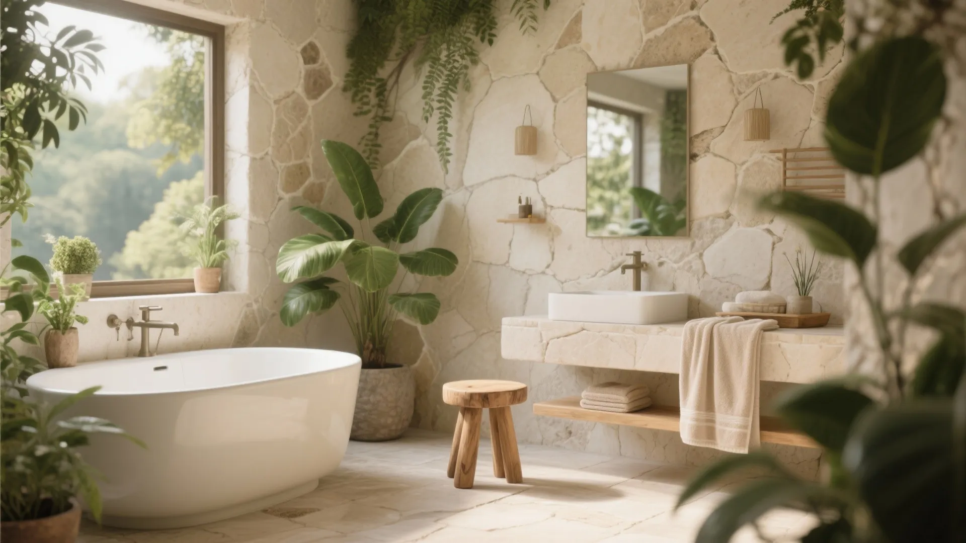 Natural stone bathroom with white bathtub wooden stool sink mirror green plants and bright window