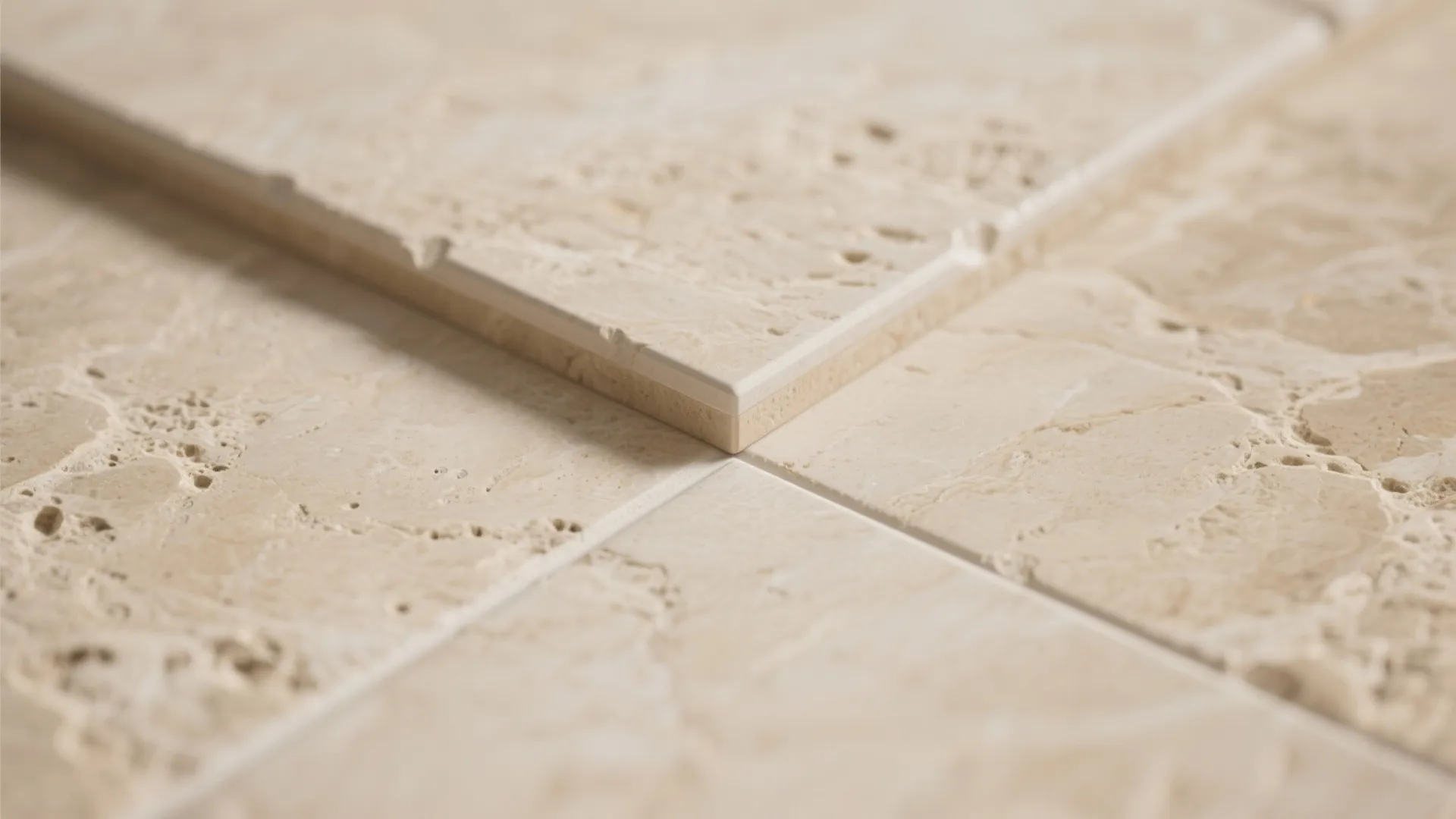 Close up shot of textured beige stone tiles showing natural pits and realistic surface details
