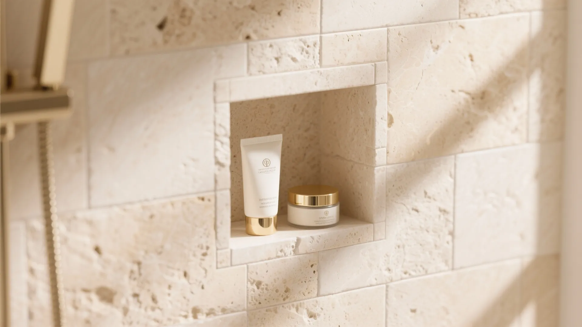 Beige stone bathroom wall with a square shelf holding white and gold skin care products