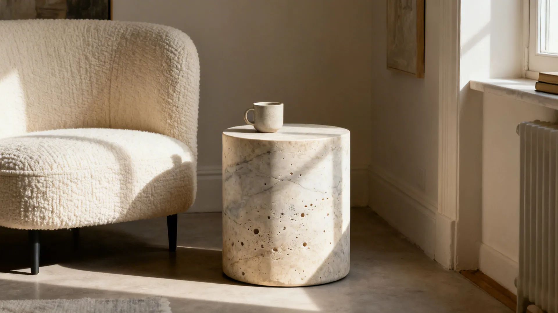 Stone drum side table with cup next to a textured white armchair in sunlit room