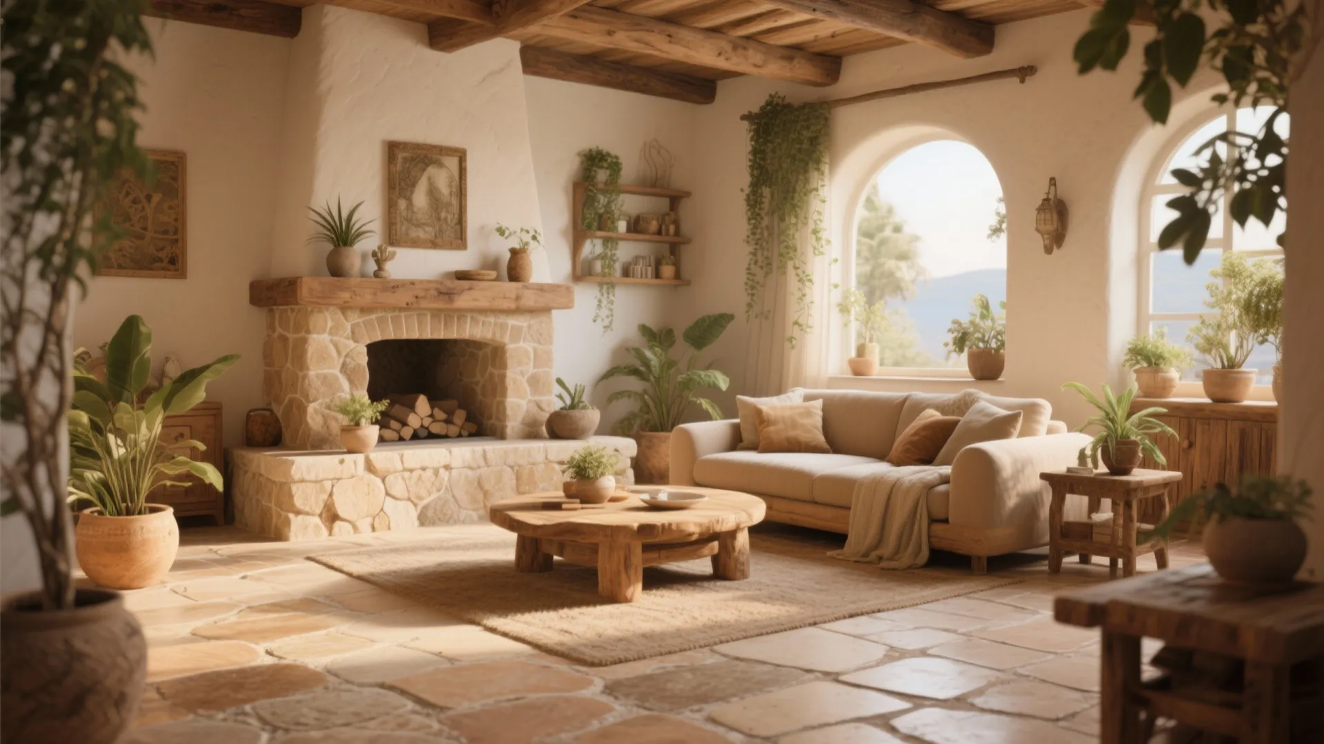 Rustic living room with stone floor a fireplace wooden coffee table beige sofa and green plants