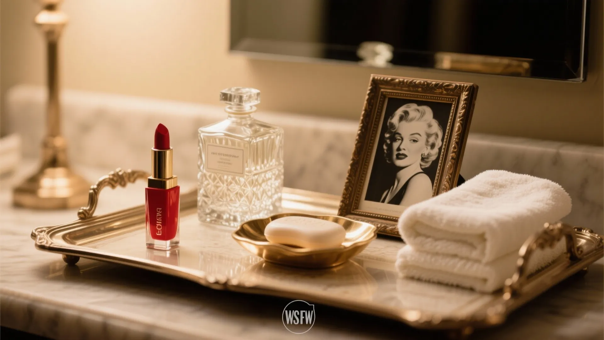 Curated vanity tray with red lipstick, crystal perfume bottle, soft towels and a framed vintage-style black-and-white print for Marilyn Monroe-inspired decor.