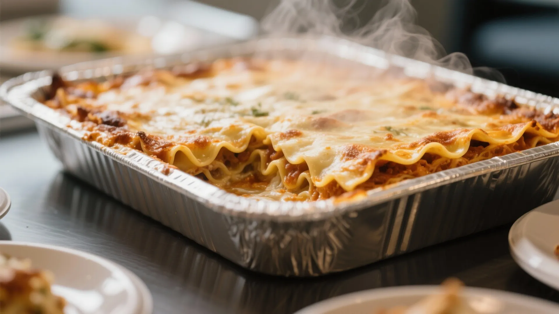 Steaming hot tray of cheese lasagna in a foil container served on a dark table