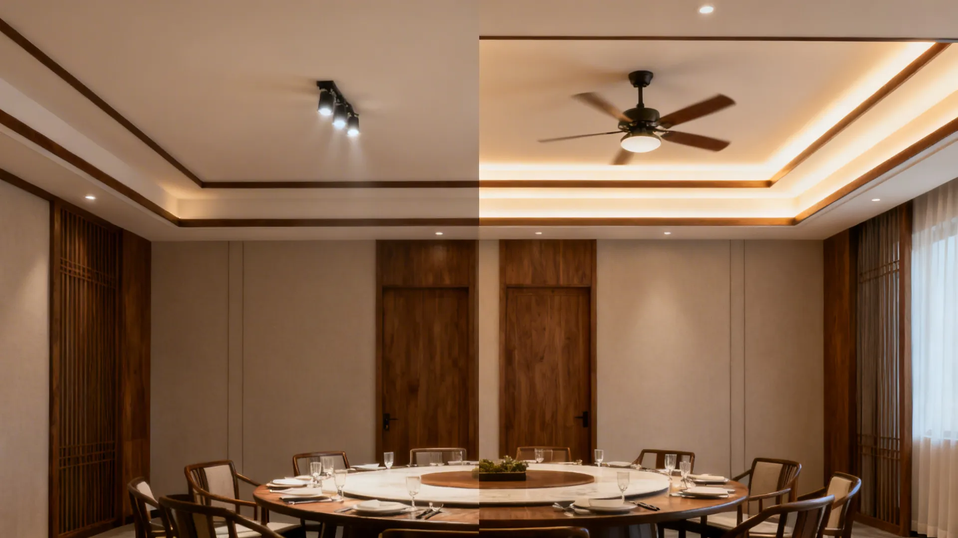 Before-and-after: plain ceiling with fan versus dual-layer tray with perimeter LED wash.