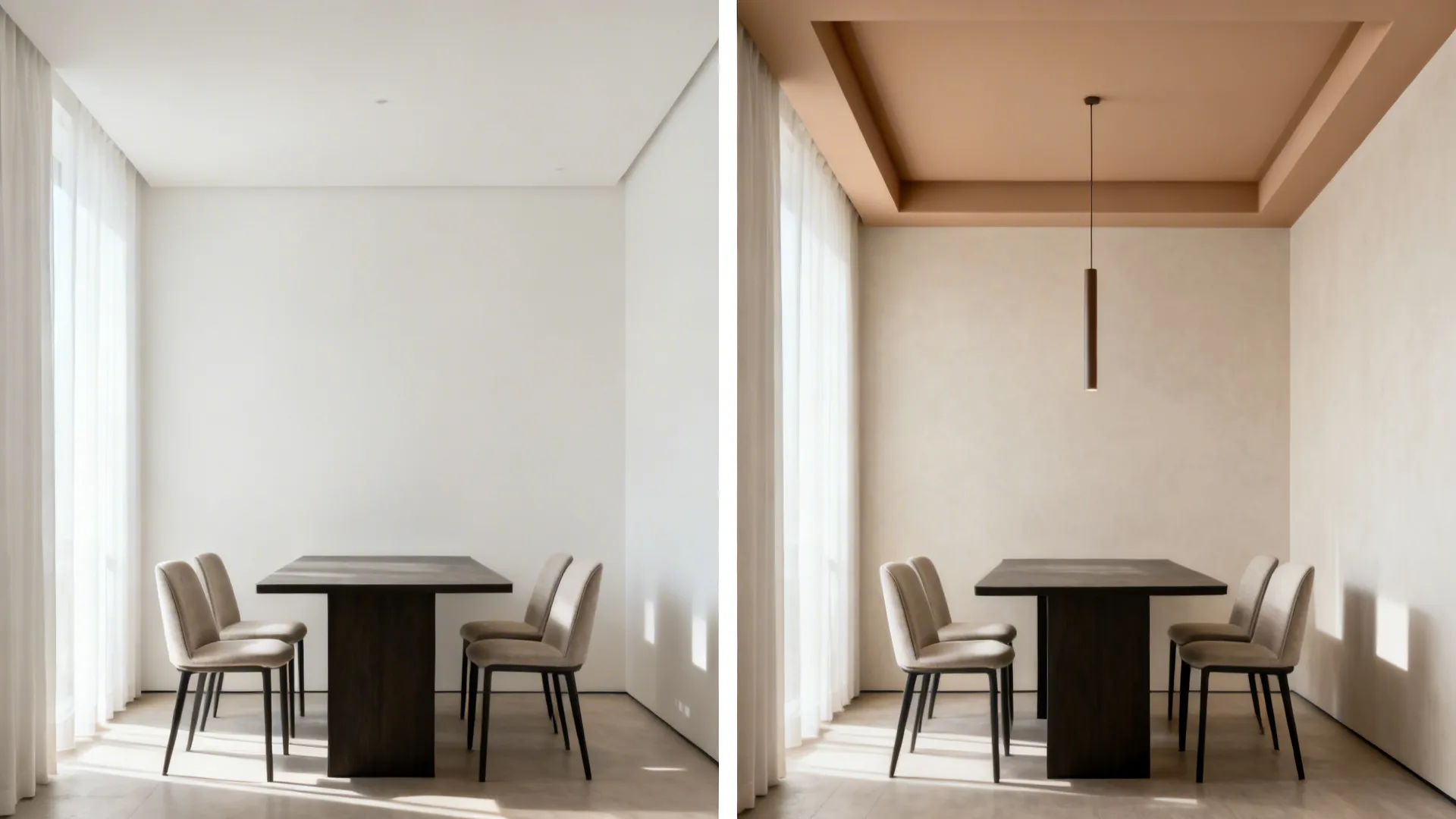 Before-and-after of a dining nook changing from a flat ceiling to a shallow color-blocked tray with a pendant.