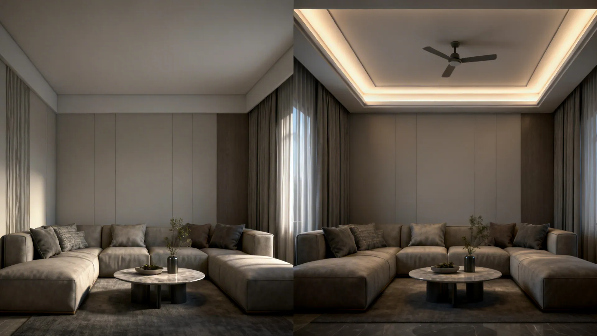 Before-and-after showing a plain ceiling versus a shallow tray with LED wash.