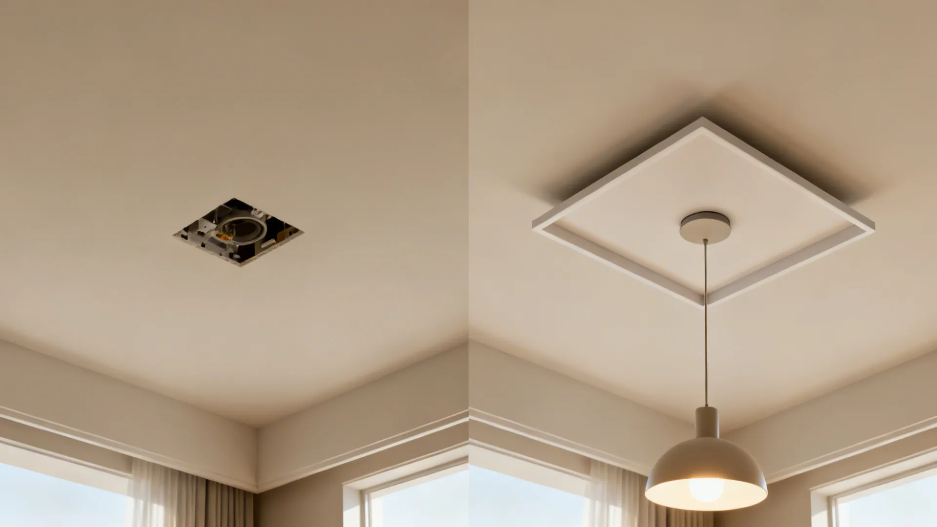 Before and after comparison of an empty ceiling hole versus a finished square ceiling light