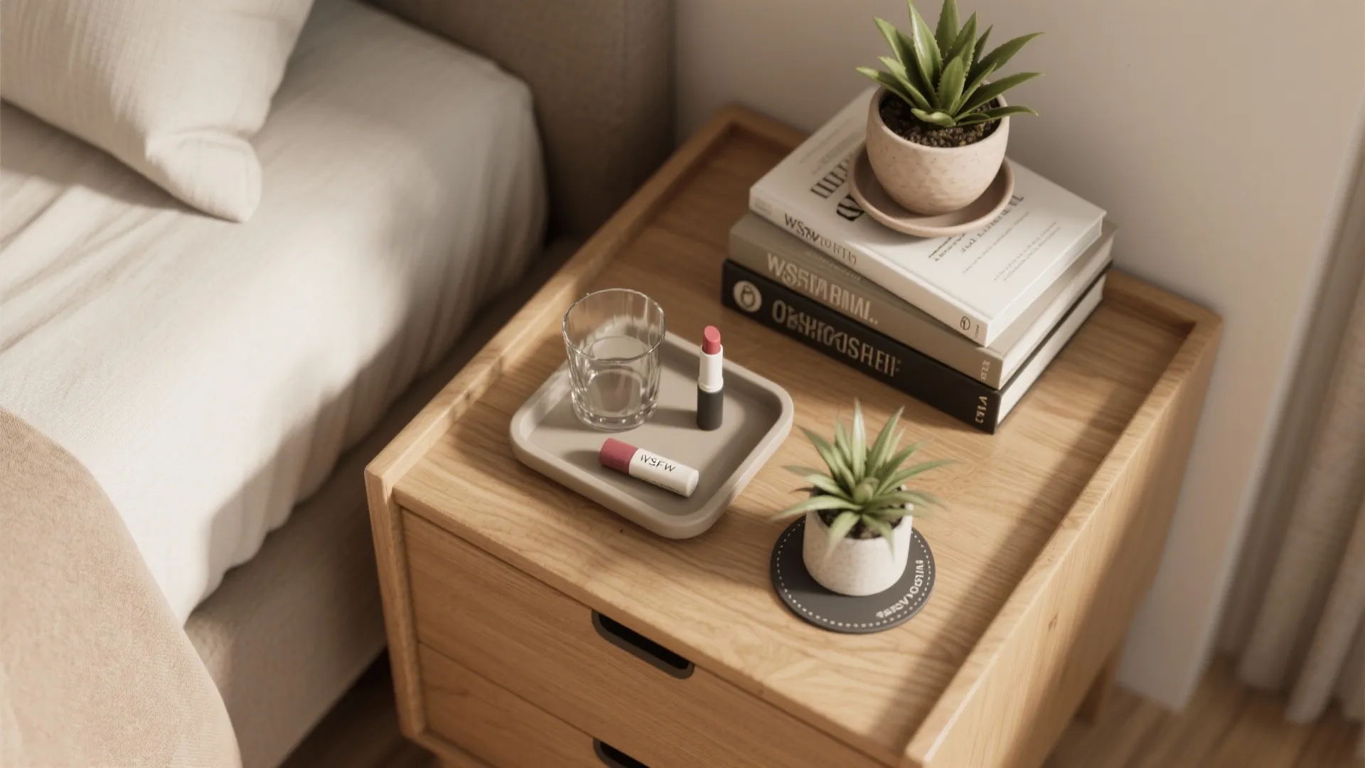 2. Functional styling: tray, book stack, and a small plant