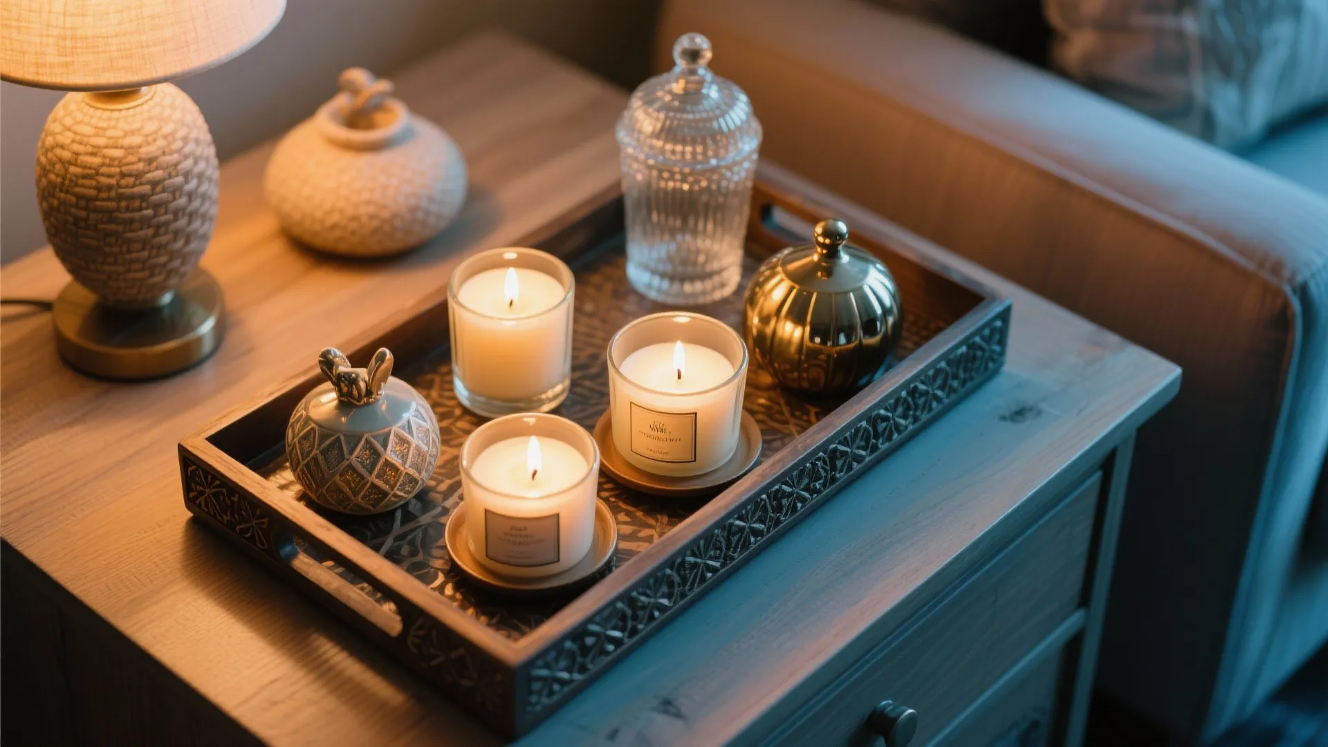 Dark wooden tray holding three lit white candles alongside small decorative jars on a nightstand
