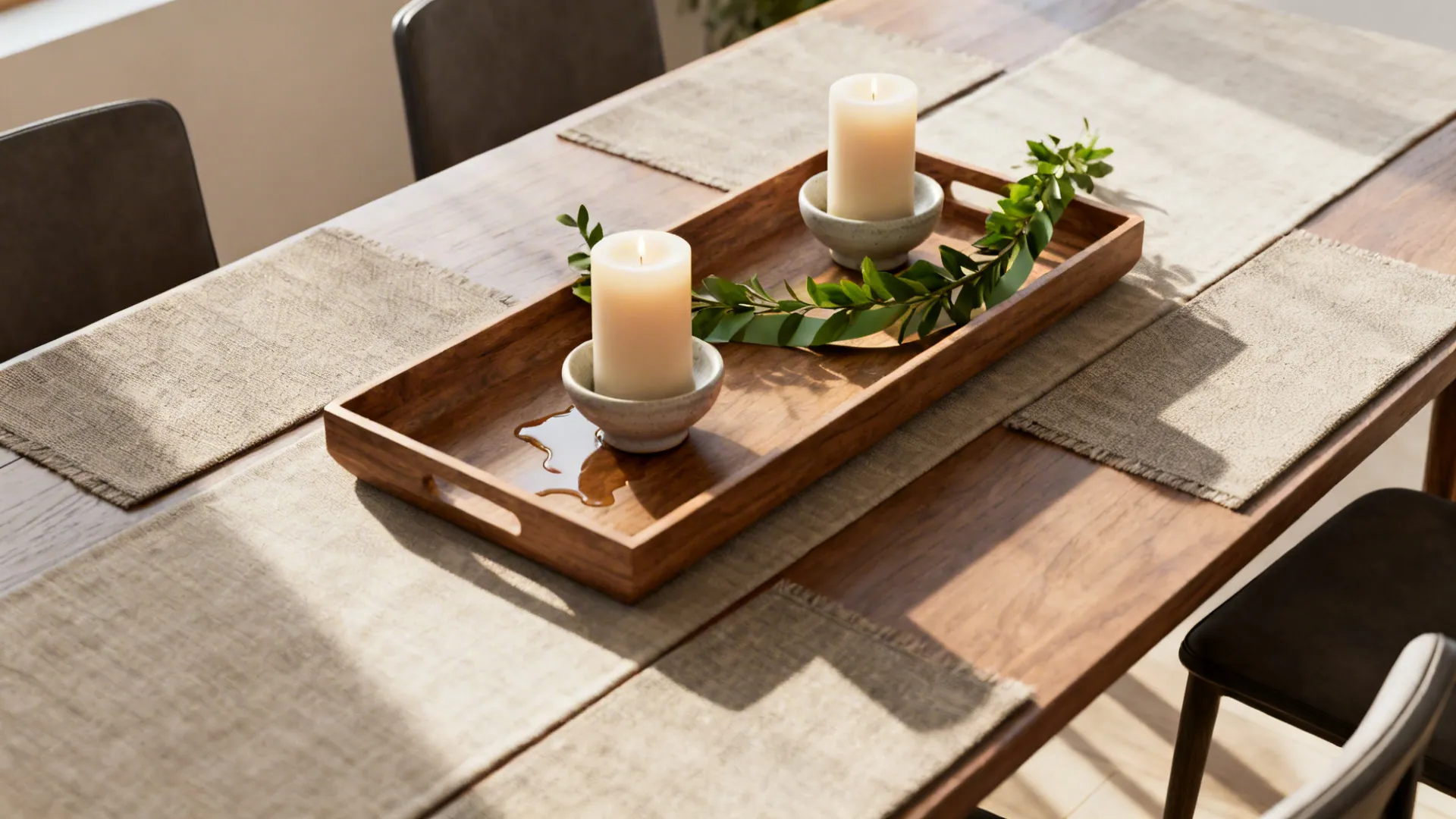 Low wooden tray with two pillar candles and greenery on a narrow dining table