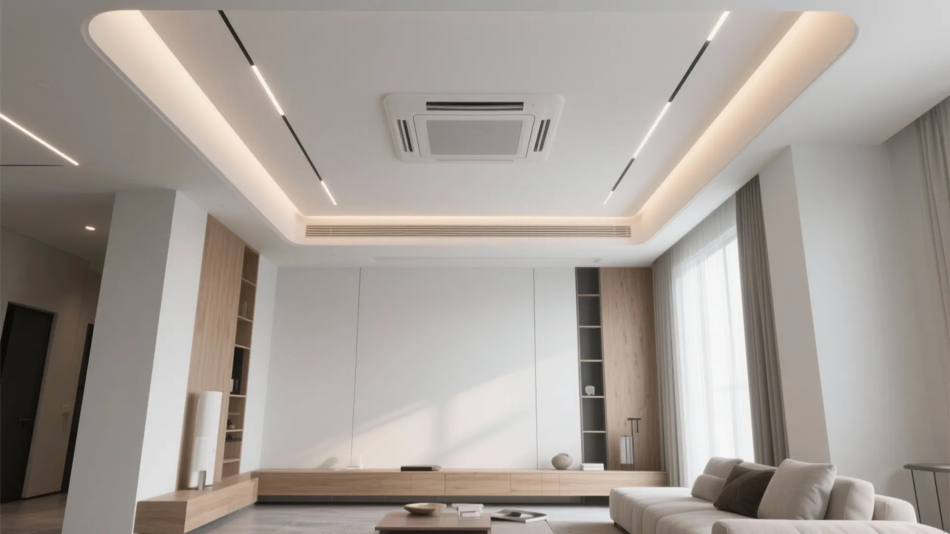 Bright living room with white walls wood cabinets large windows and a rectangular ceiling light