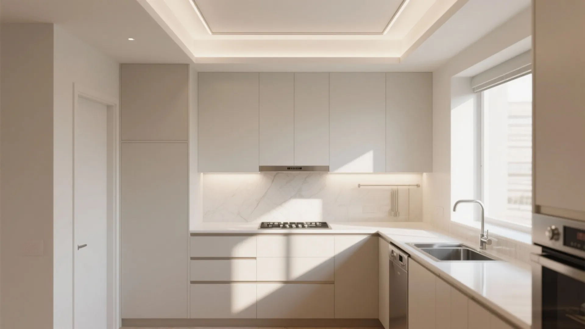 Clean white kitchen with marble backsplash hidden ceiling lights and stainless steel sink and stove