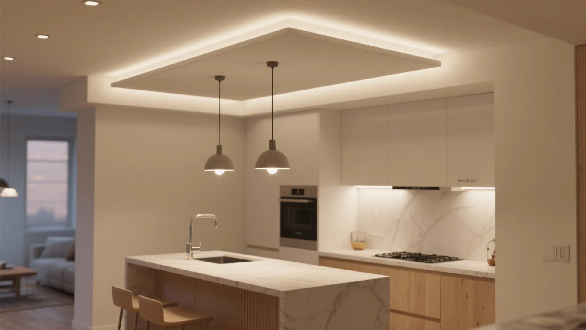 Minimalist kitchen with recessed ceiling light hanging light fixtures marble island and light wood cabinets
