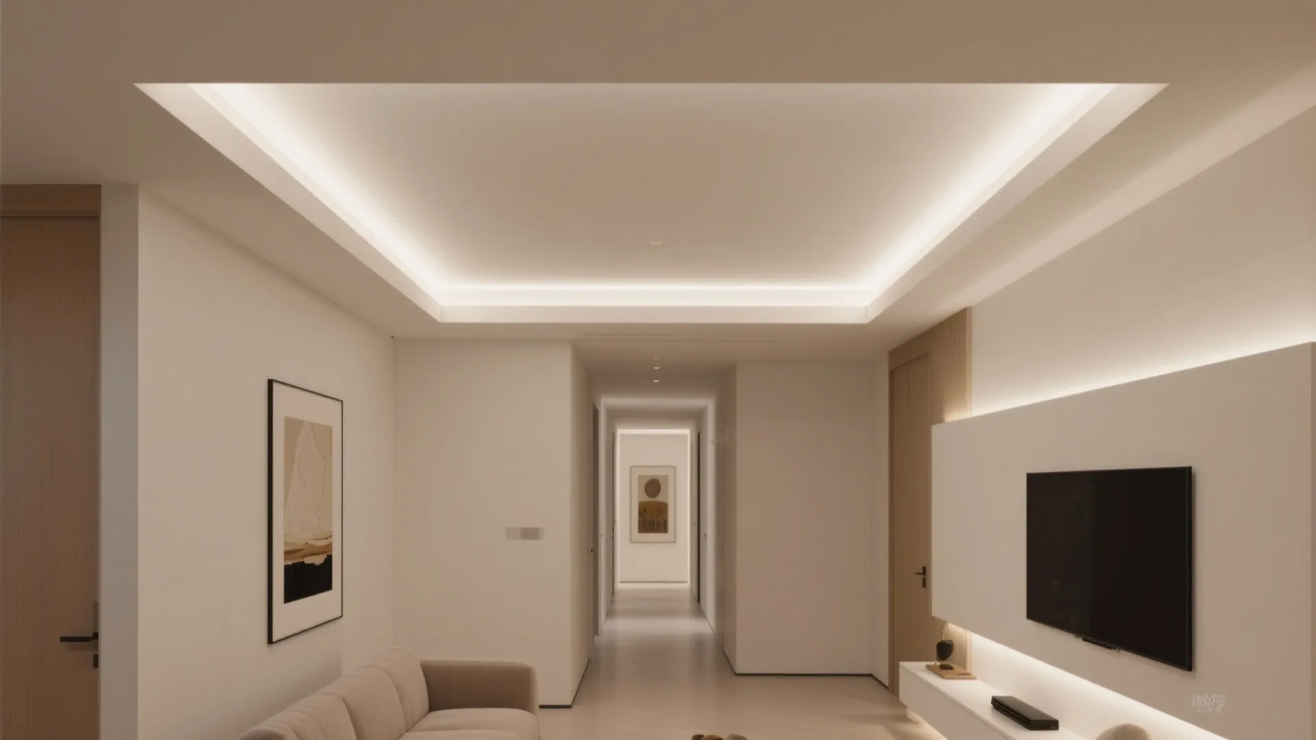 Living hall with floating two-level gypsum tray ceiling and halo reveal lighting.