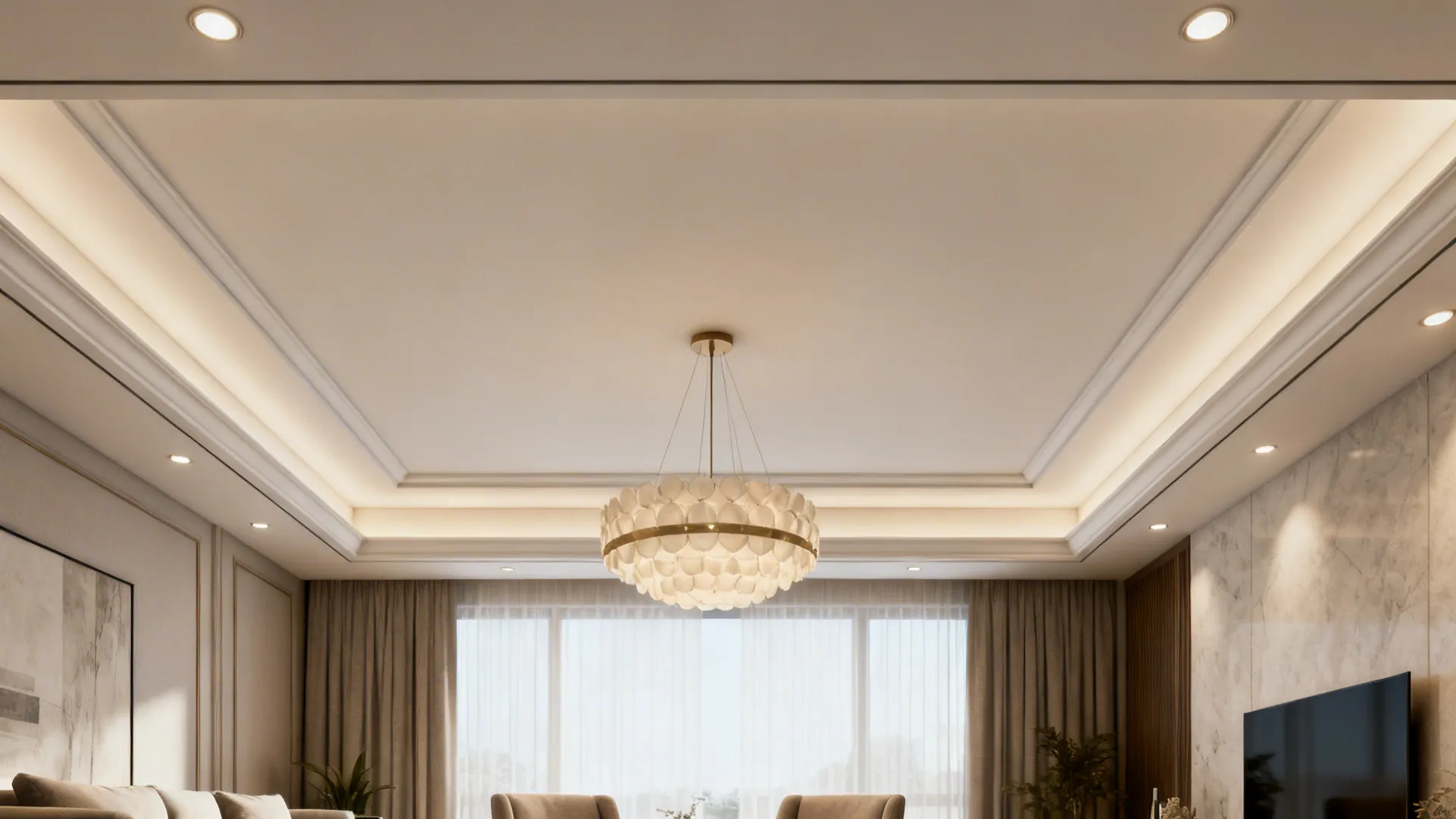 Shallow tray ceiling with a central pendant and recessed downlights defining the seating area.