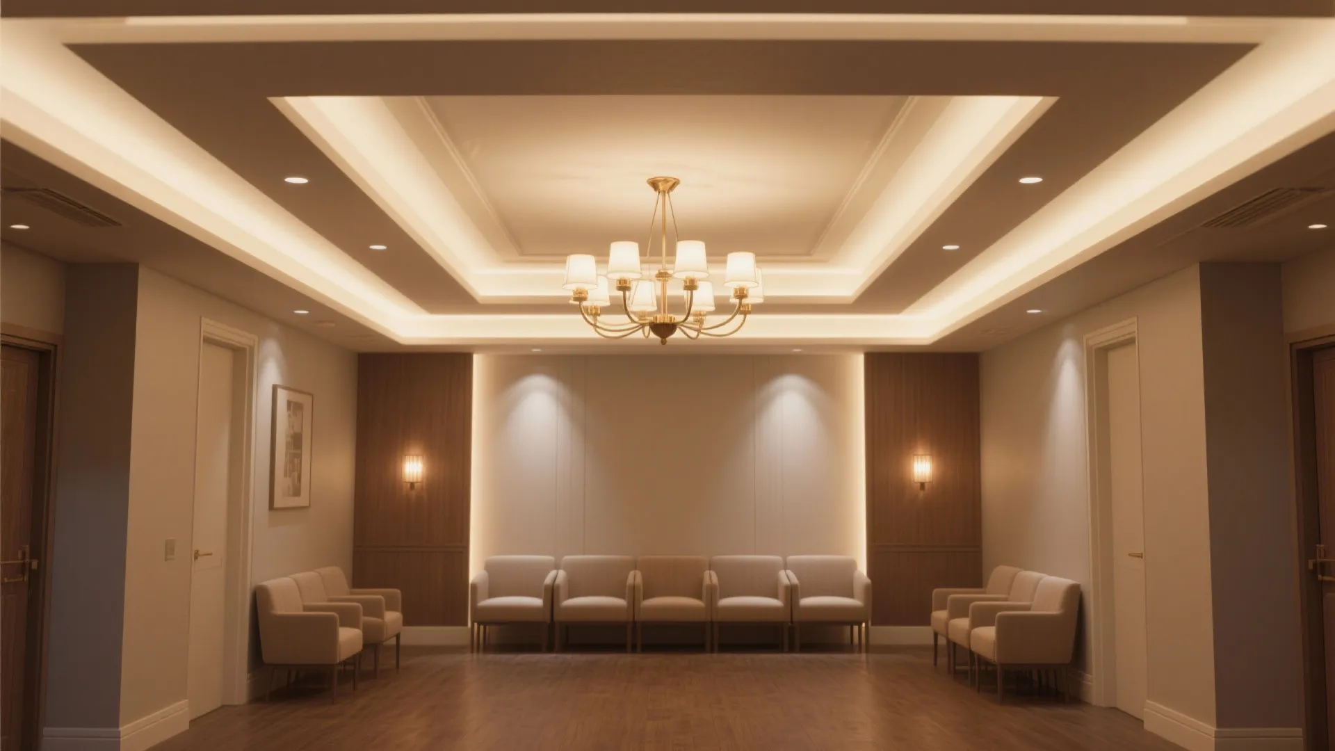 Elegant waiting area with cream chairs wood floor central ceiling light and warm wall panels