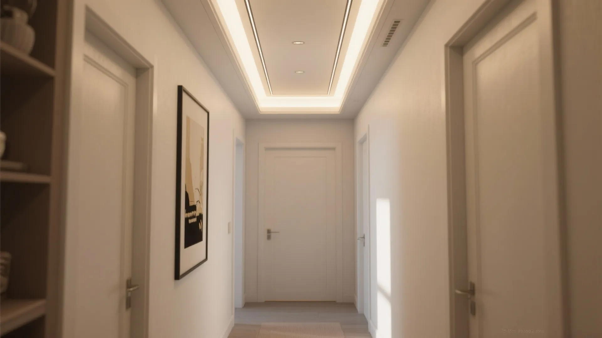Modern white hallway featuring warm ceiling light design wall painting and several white wooden doors