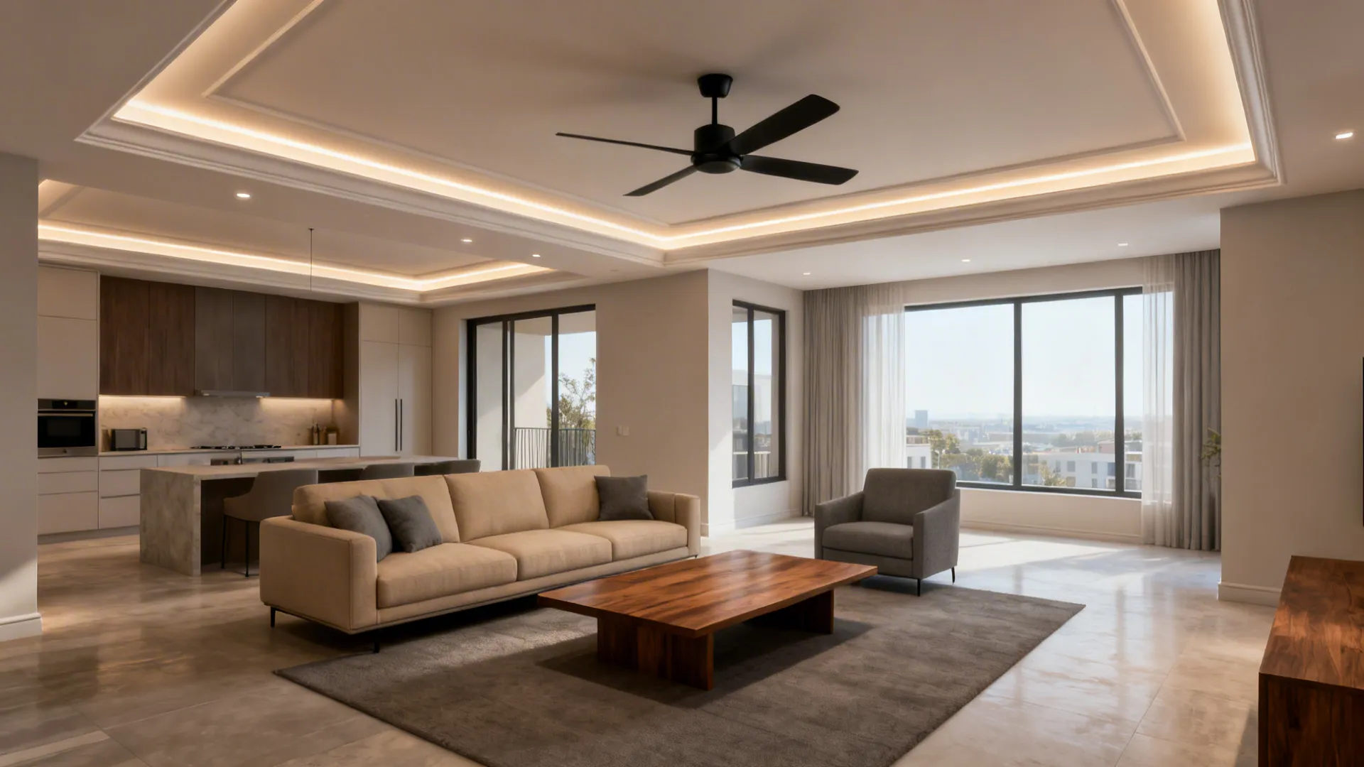 Modern living room featuring a tan sofa wood coffee table black ceiling fan and warm lighting