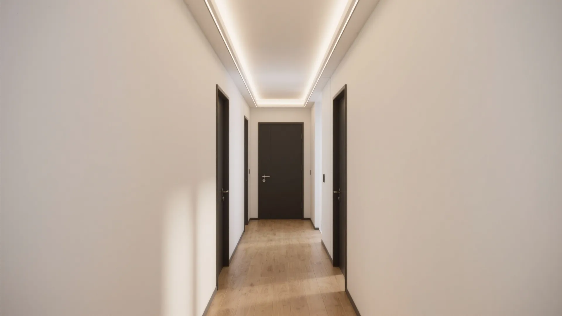 Long narrow hallway with wooden floor black doors and bright hidden ceiling light strip design