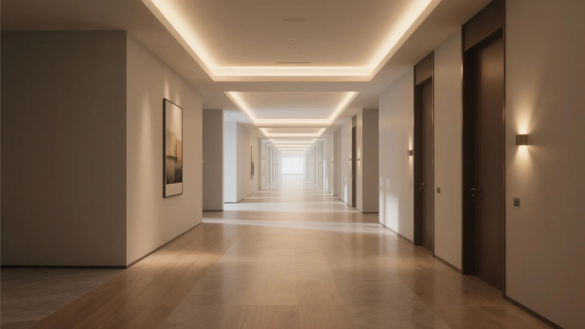 Long hall featuring a shallow POP tray ceiling with hidden perimeter lighting.