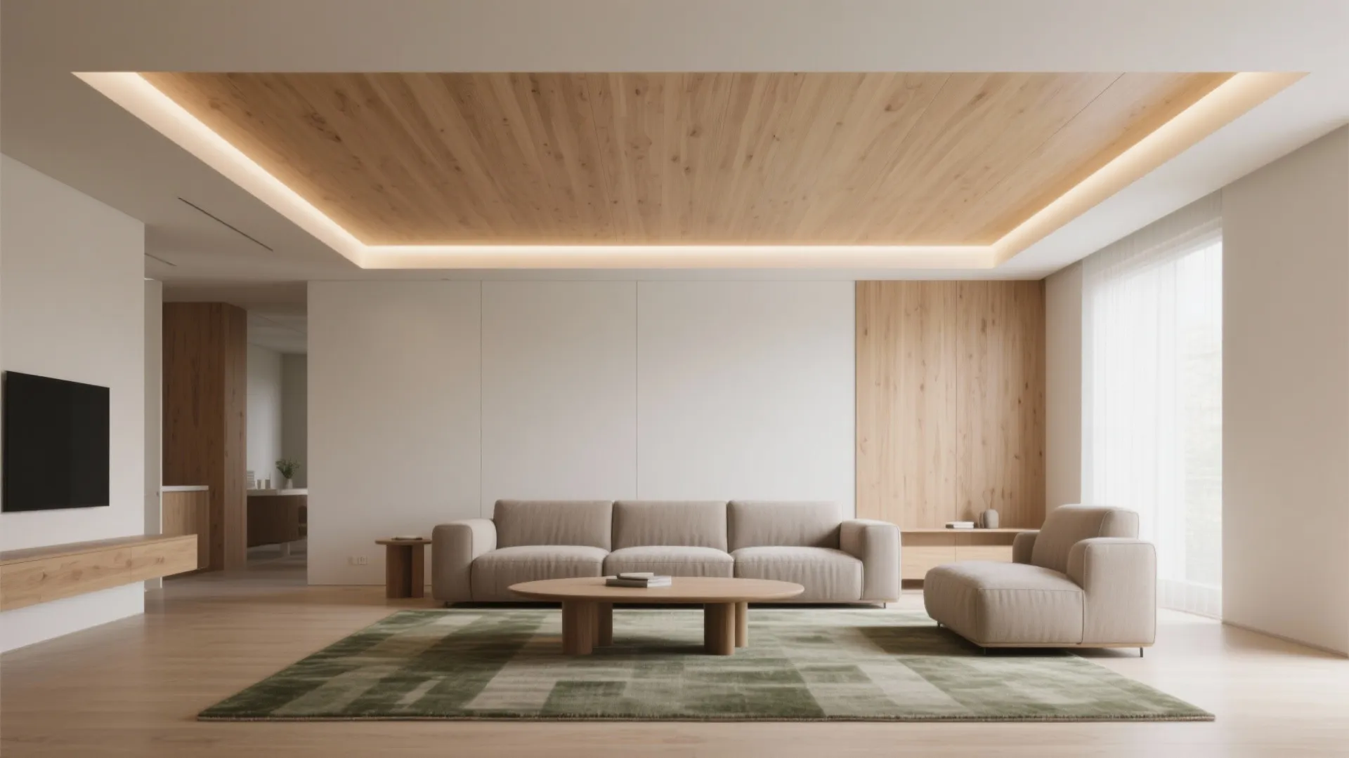 Living room with floating wood tray ceiling and continuous LED cove lighting.