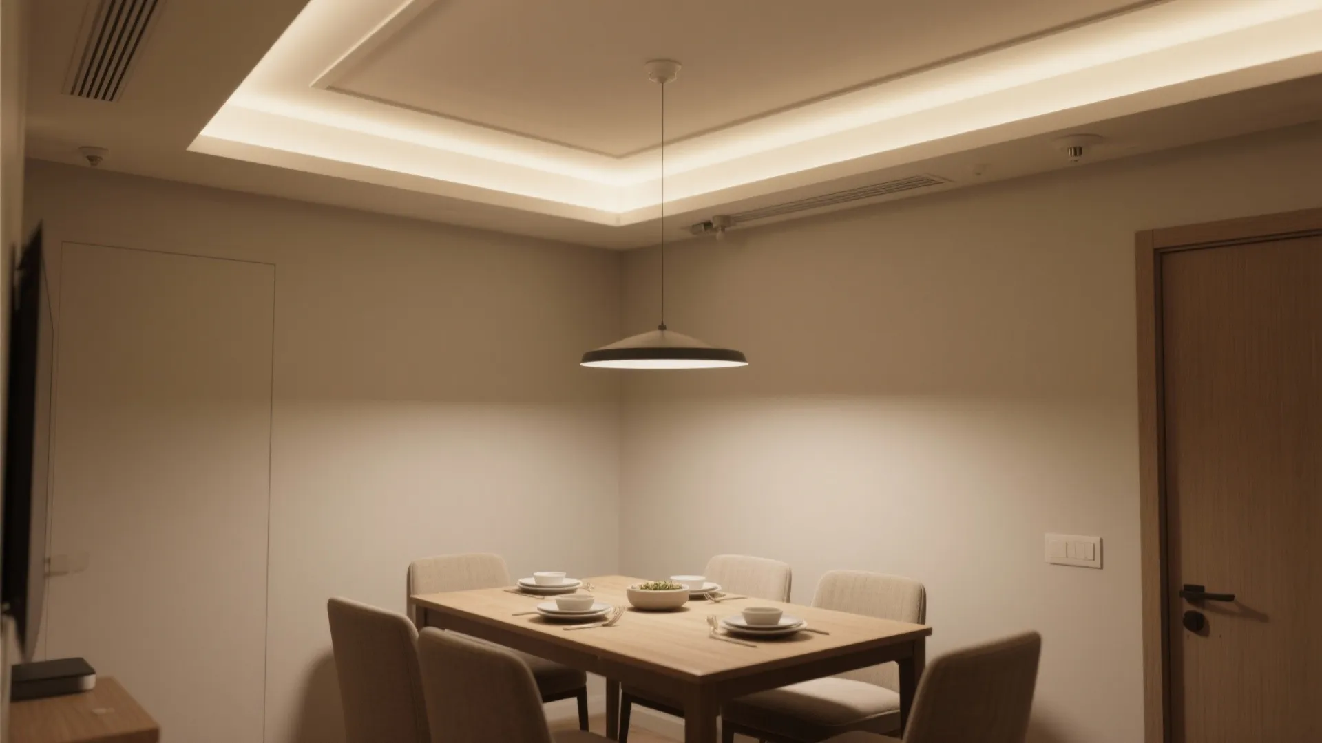 Modern dining room featuring wooden table with chairs and recessed ceiling light in warm white