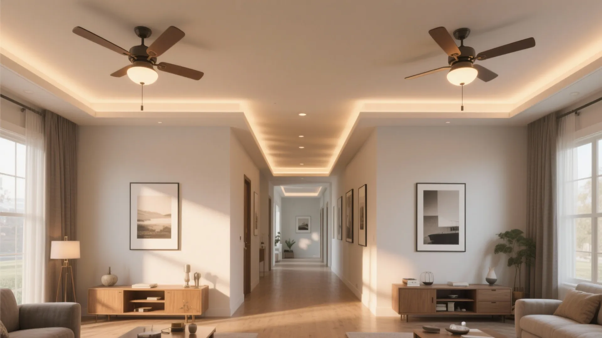 Stepped tray ceiling with central light spine