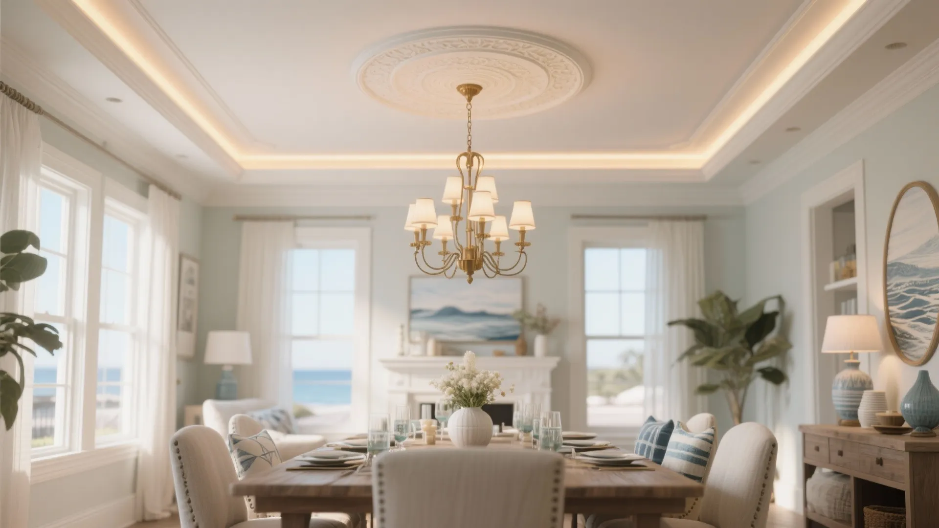 Elegant dining room with a white ceiling light fixture and hidden warm lighting along the edges