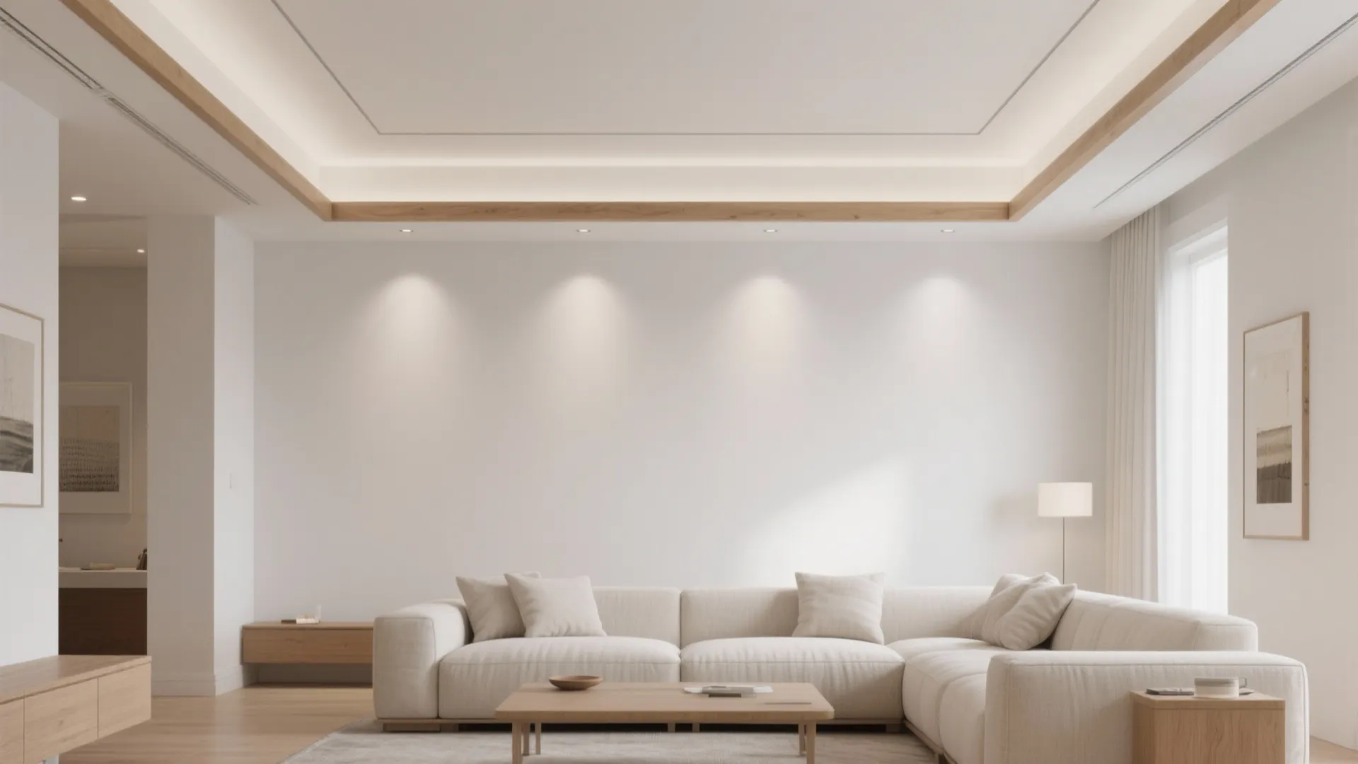 Modern living room with white sofa wooden coffee table recessed ceiling lights and large glass windows