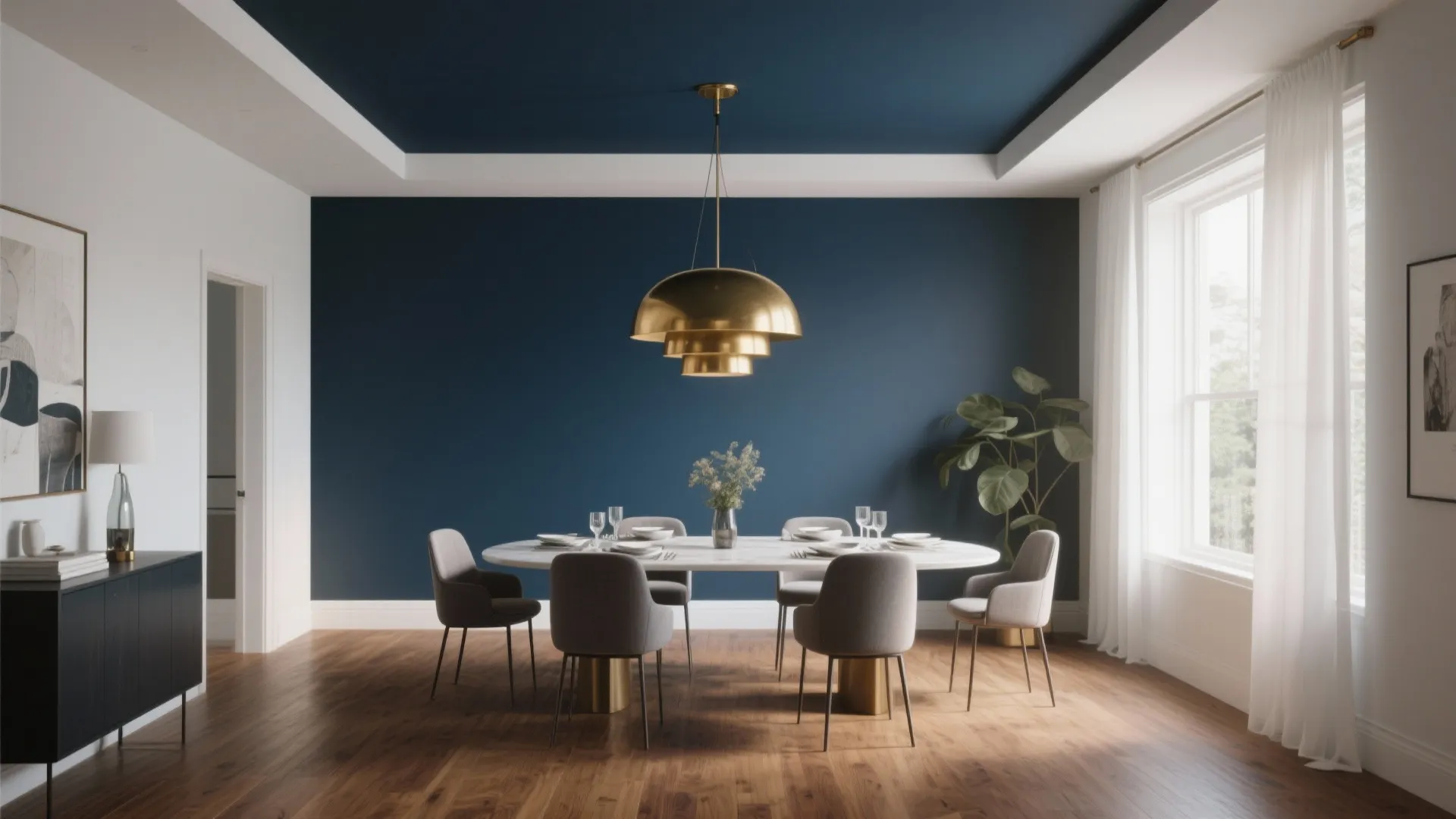 Modern dining room with navy tray ceiling and brass pendant light
