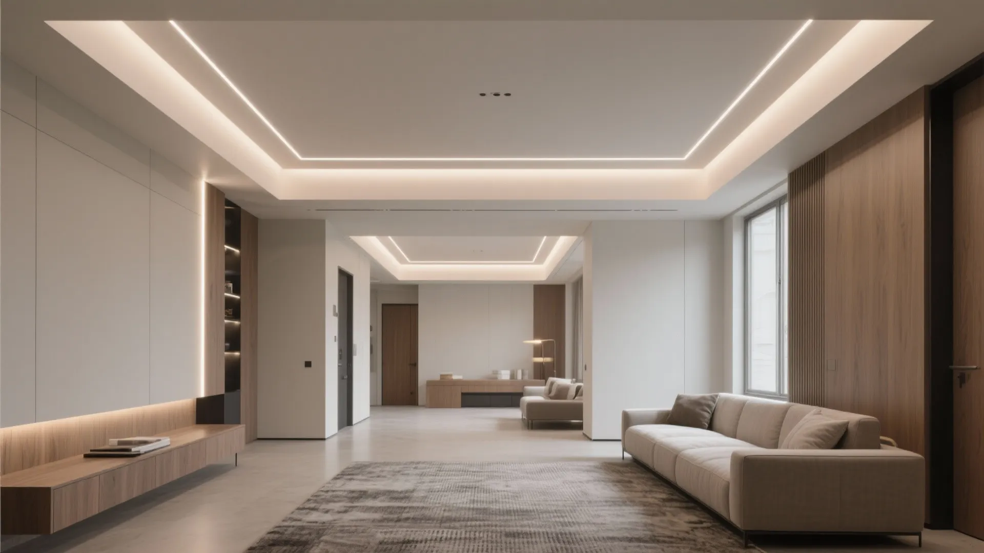 Layered tray ceiling with warm perimeter LED softly framing a modern hall.