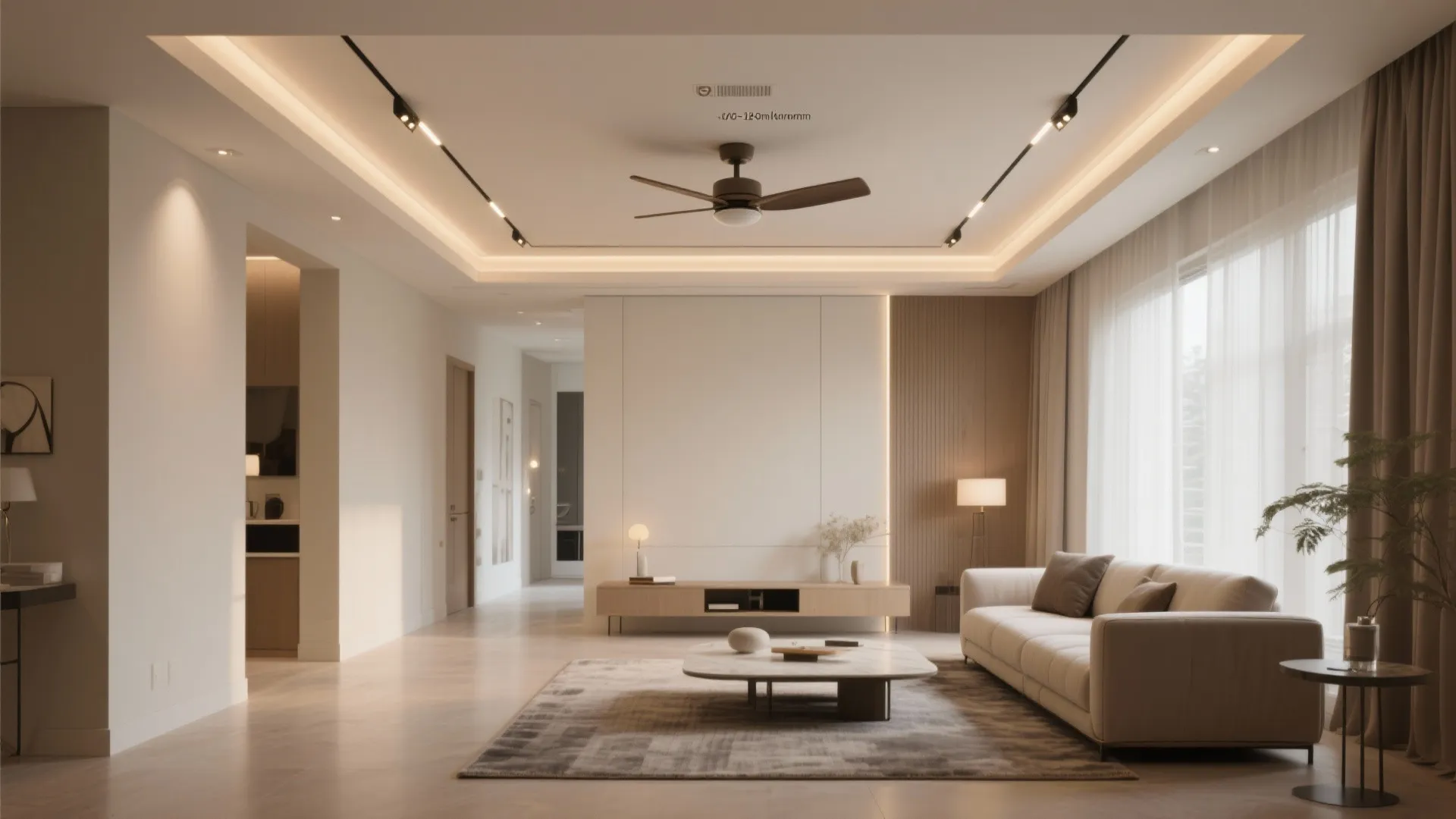 Spacious living room design with tray ceiling light sofa marble table and large window curtains