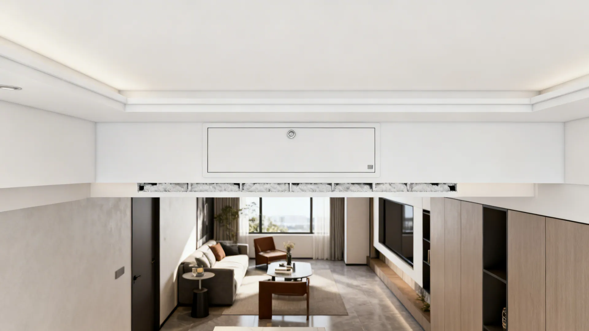 High angle view of a modern living room showing white ceiling storage cabinet above sofa
