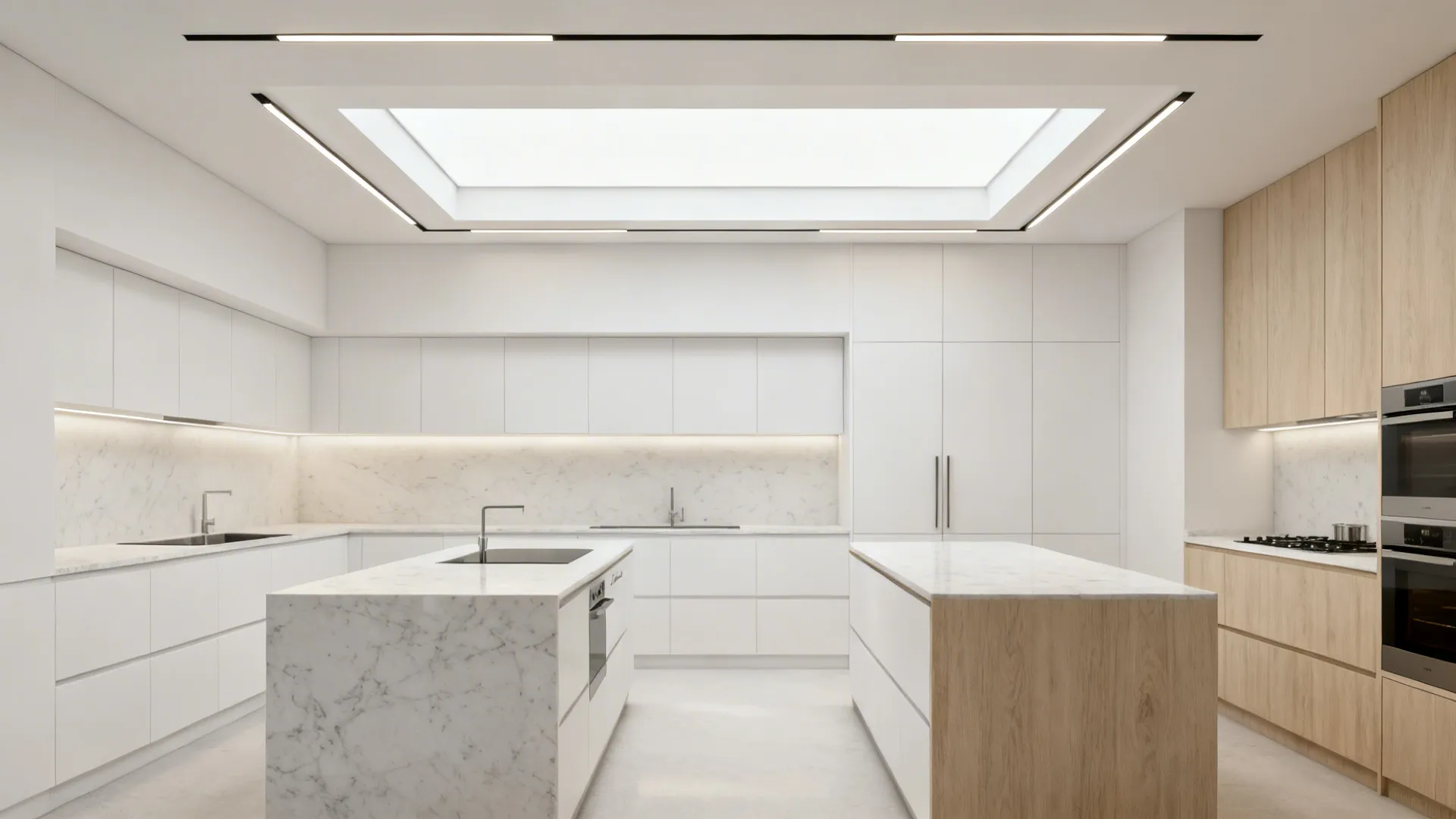 Compact kitchen with a shallow POP tray ceiling and integrated linear task lighting channels.
