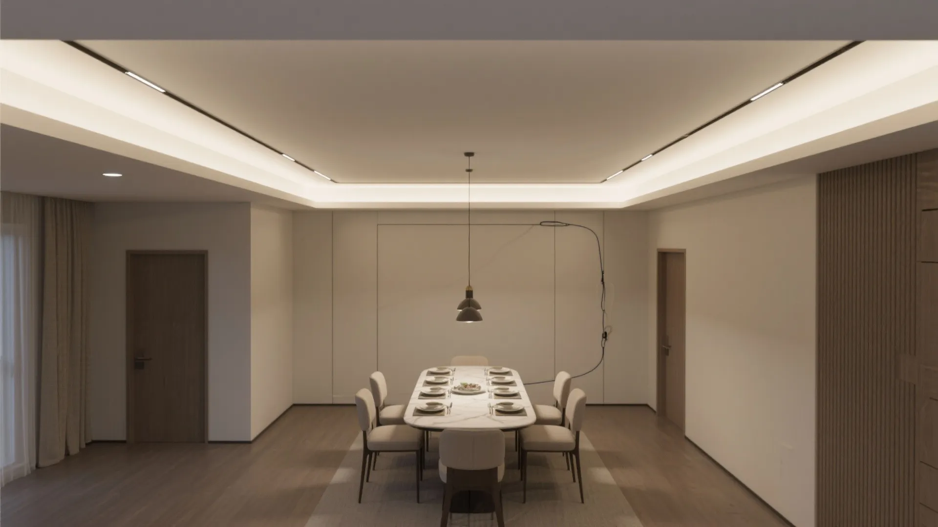 Modern dining room with white tray ceiling hidden light strips long table and beige chairs