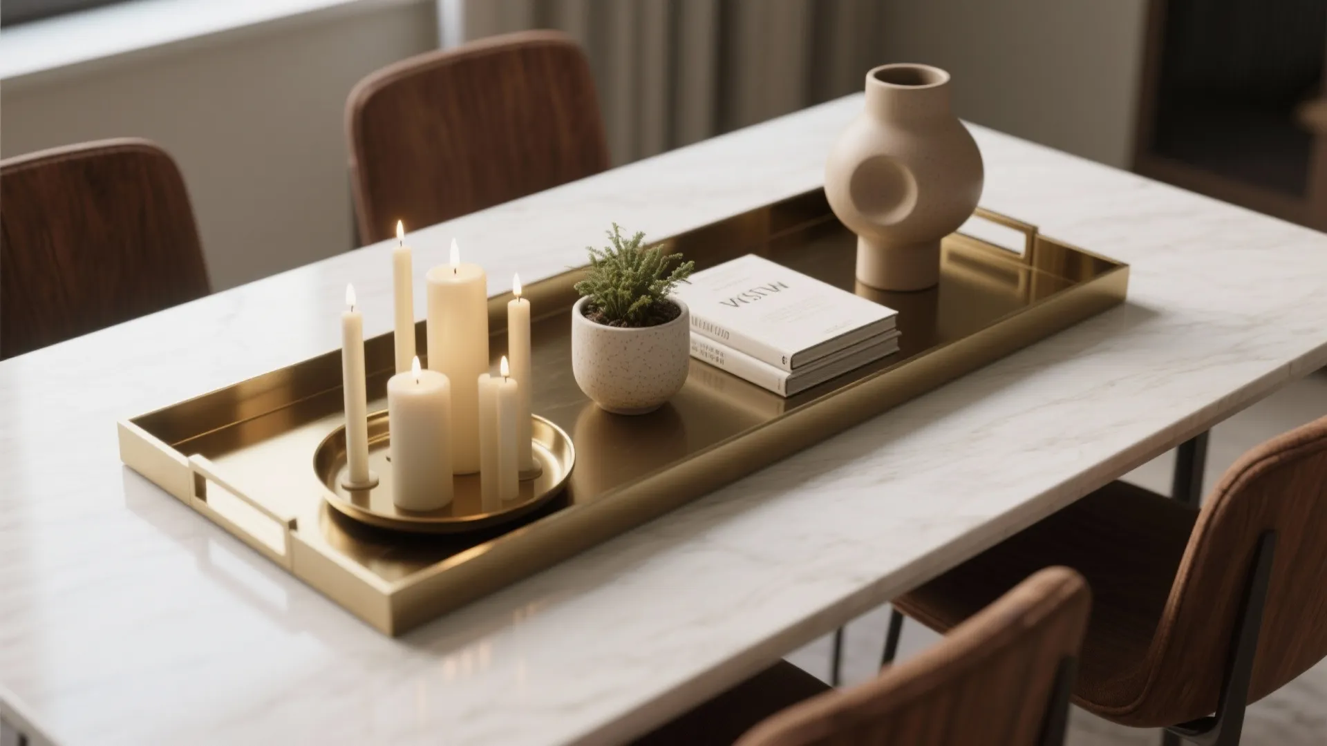 Top-down view of a slim tray with candles, a small planter, books, and a sculptural object on a dining table.