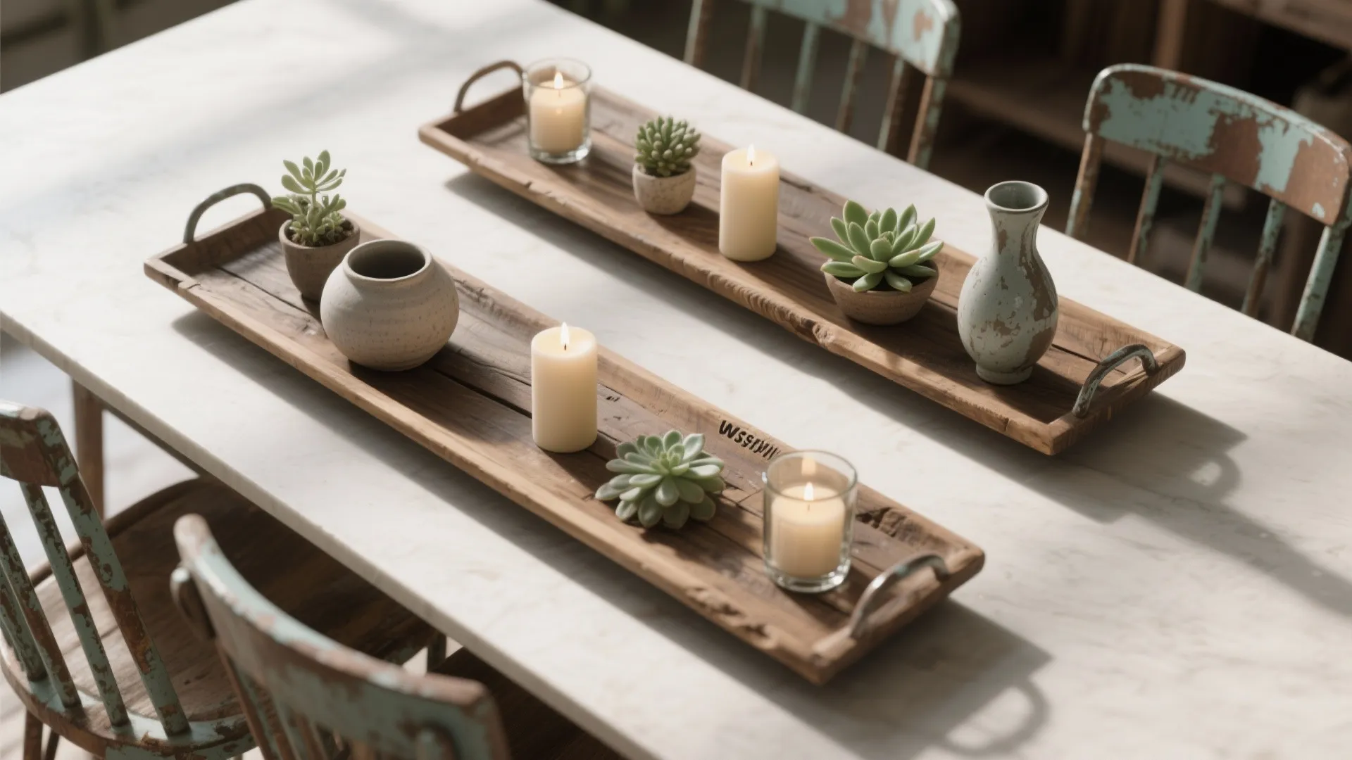 Top-down view of wooden trays clustered with candles, succulents and a statement object on a rectangular table.