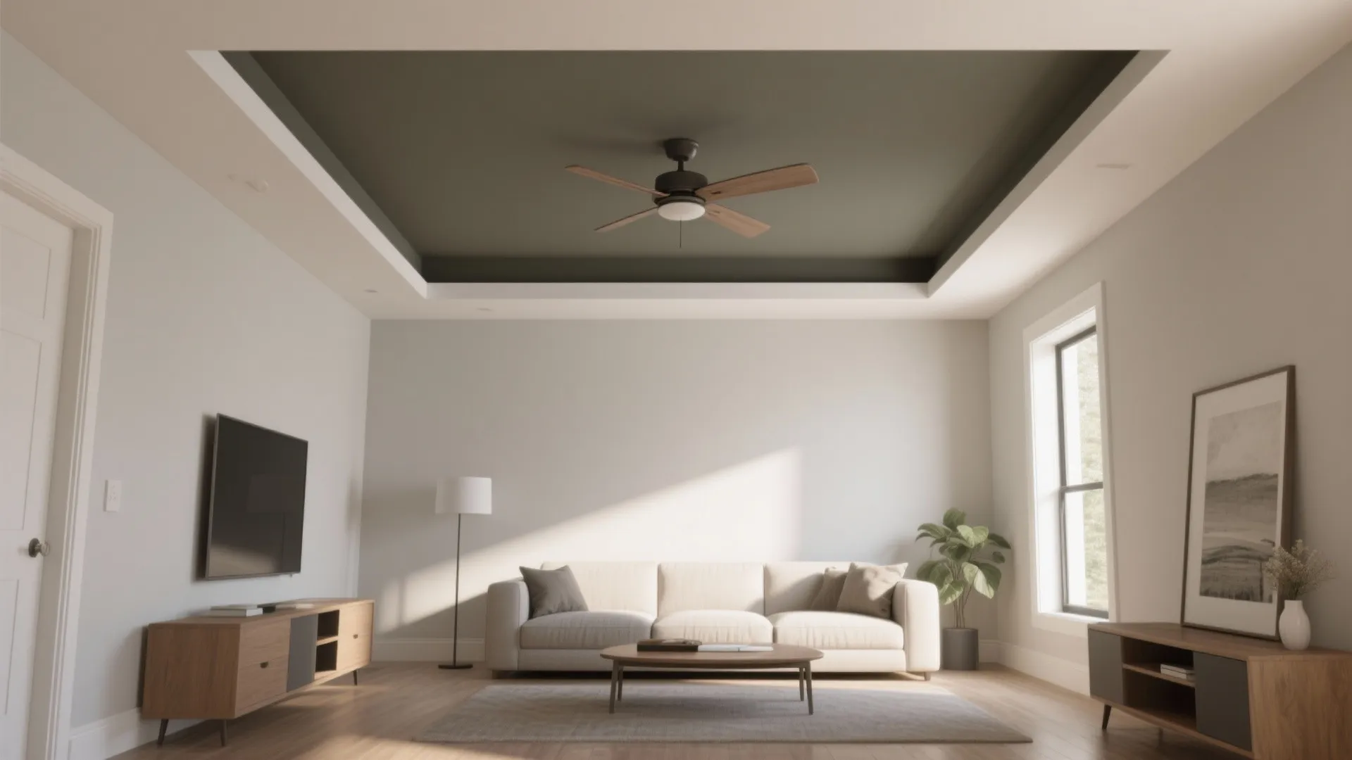 Modern living room with white sofa wooden coffee table dark tray ceiling and ceiling fan