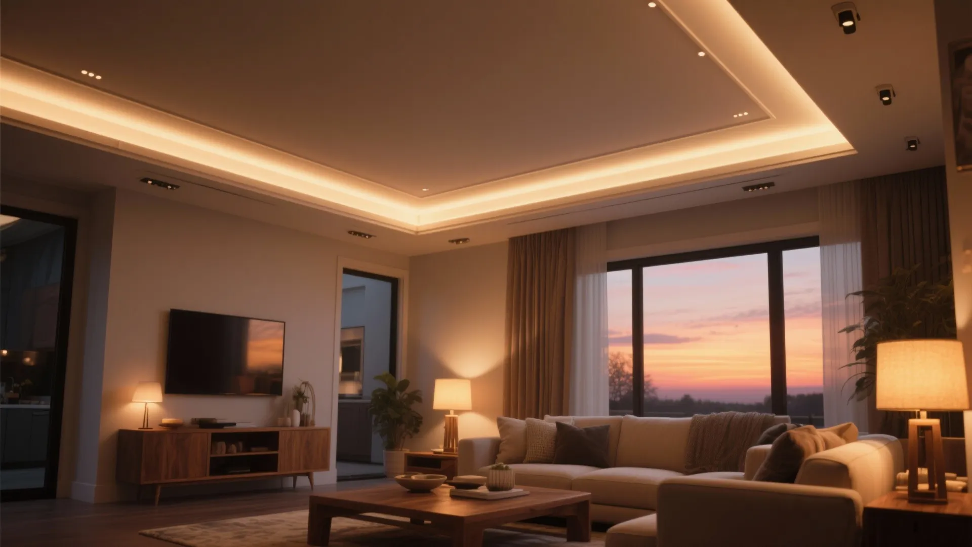 Modern living room featuring a warm ceiling light strip with sofa and sunset window view