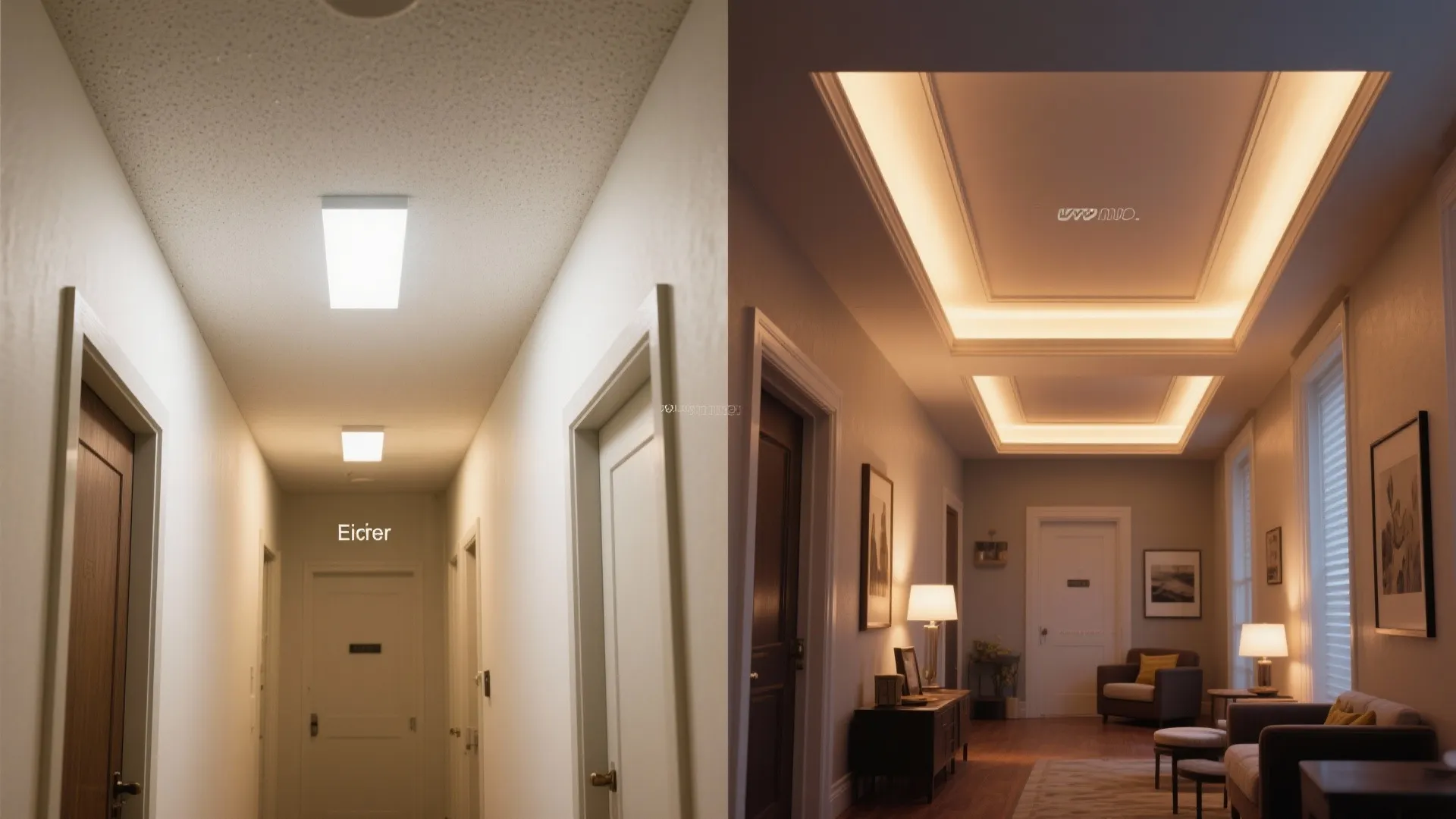 Before-and-after showing flat ceiling vs. recessed POP tray with two-level cove lighting.