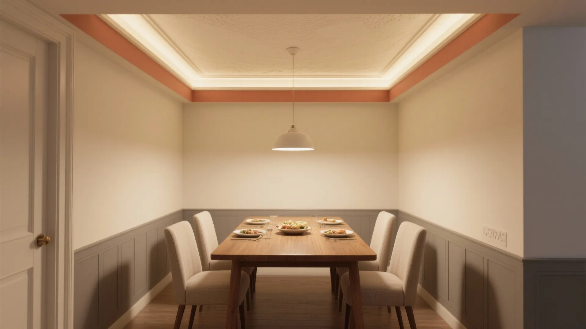 Dining room with wooden table white chairs grey wall panels and warm hidden ceiling lights