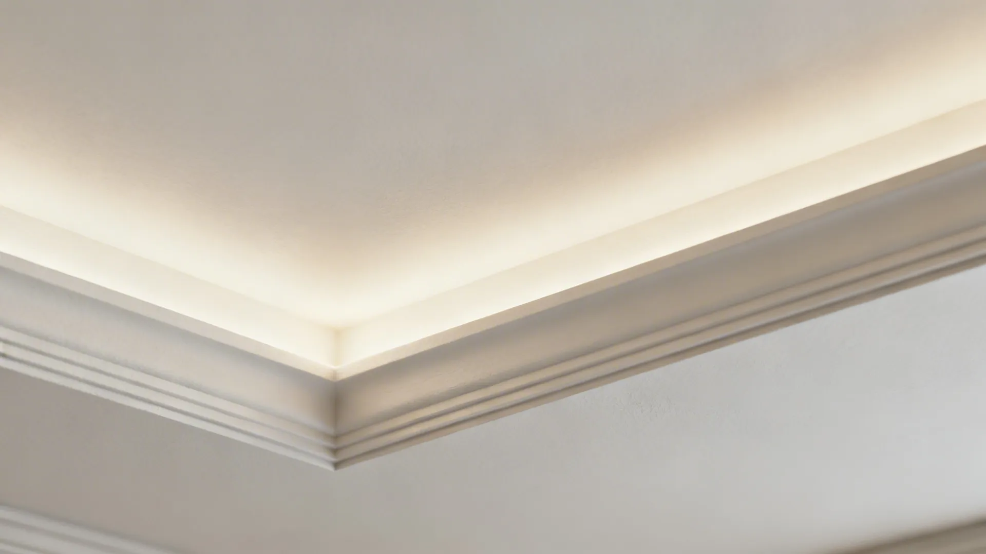 Macro of a gypsum tray ceiling edge with a hidden LED cove casting a warm glow.