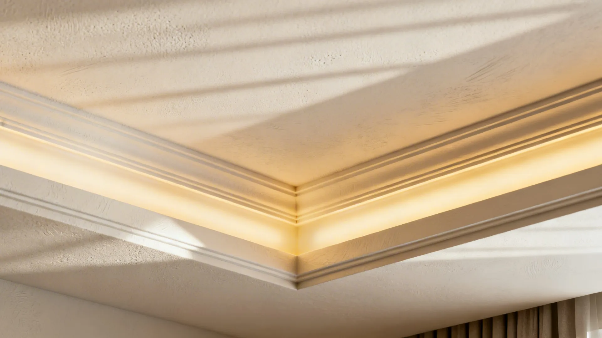 White ceiling corner with warm light fixture glowing from inside the decorative wall panel molding area