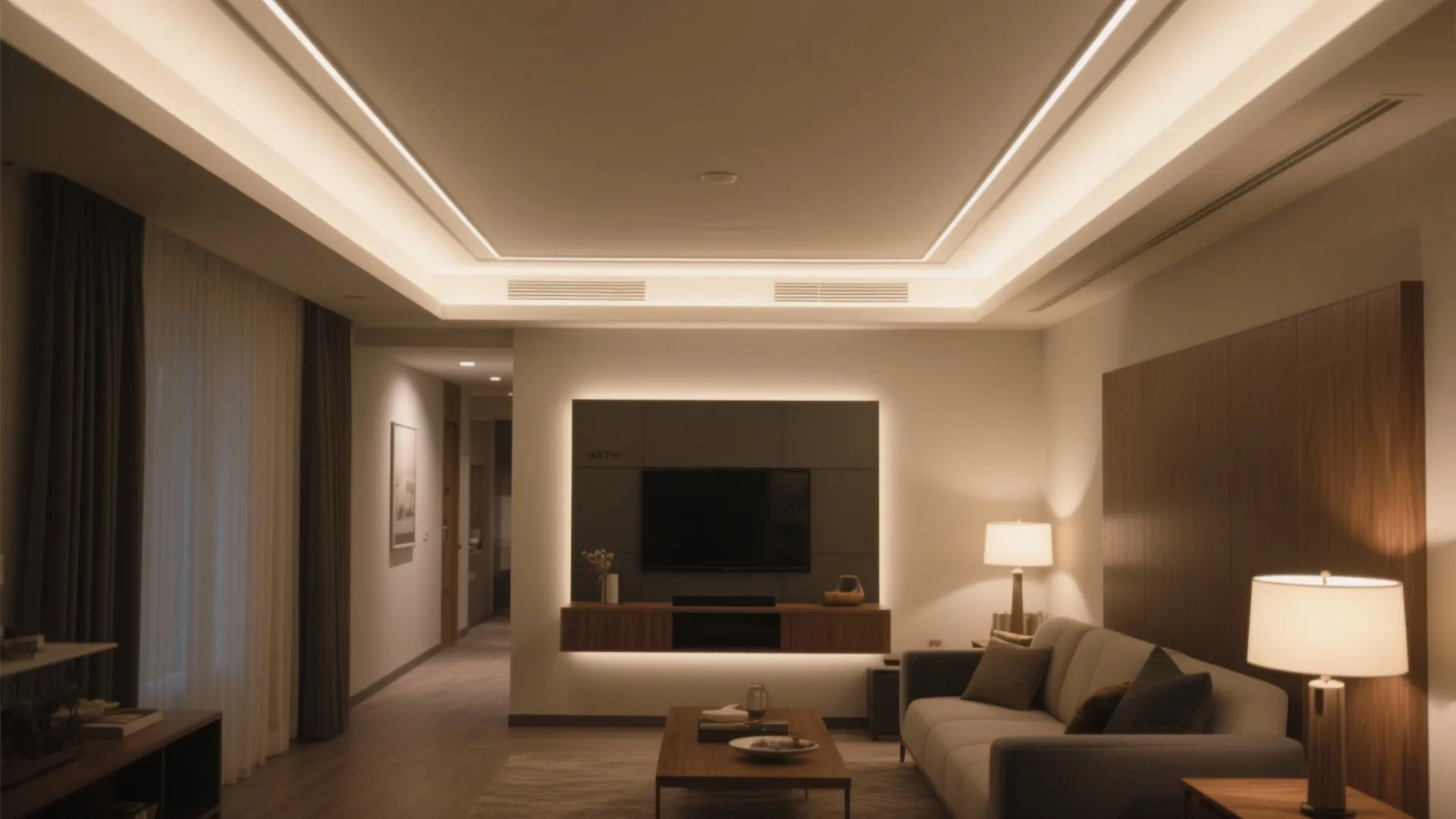 Living room with rectangular recessed ceiling light fixture wood wall panel sofa and warm lighting