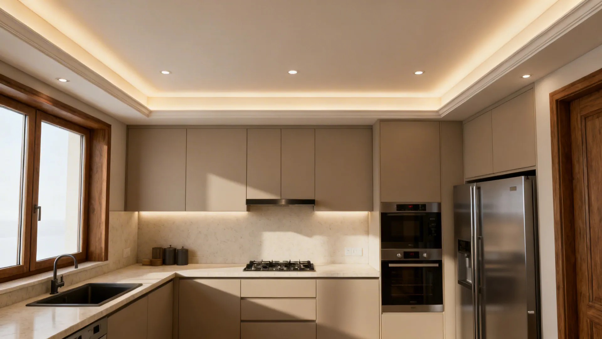 Small kitchen with a shallow tray ceiling and warm perimeter cove lighting for even illumination.