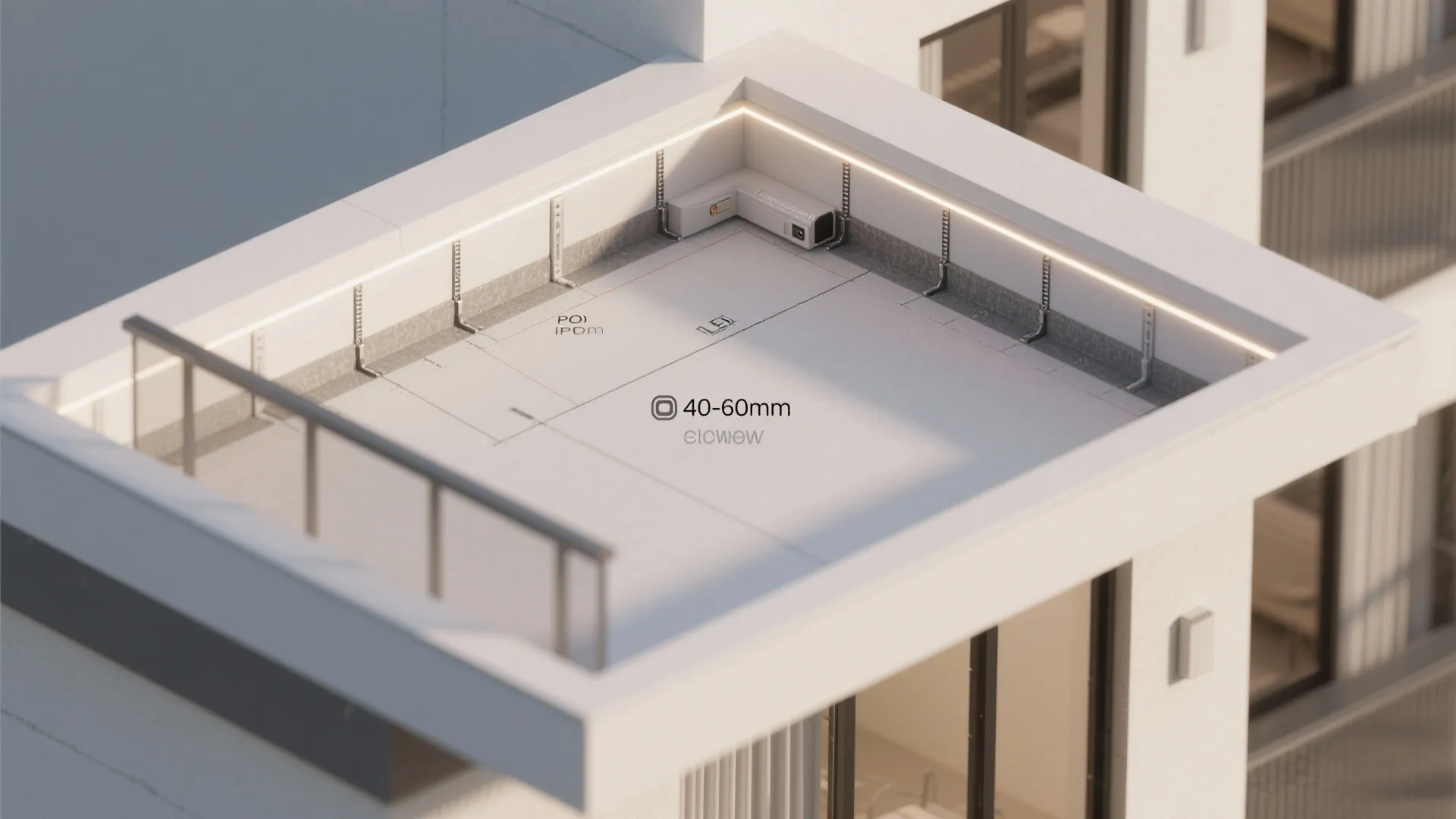 Top-down view of a balcony tray POP ceiling showing cove depth and waterproofing layers.