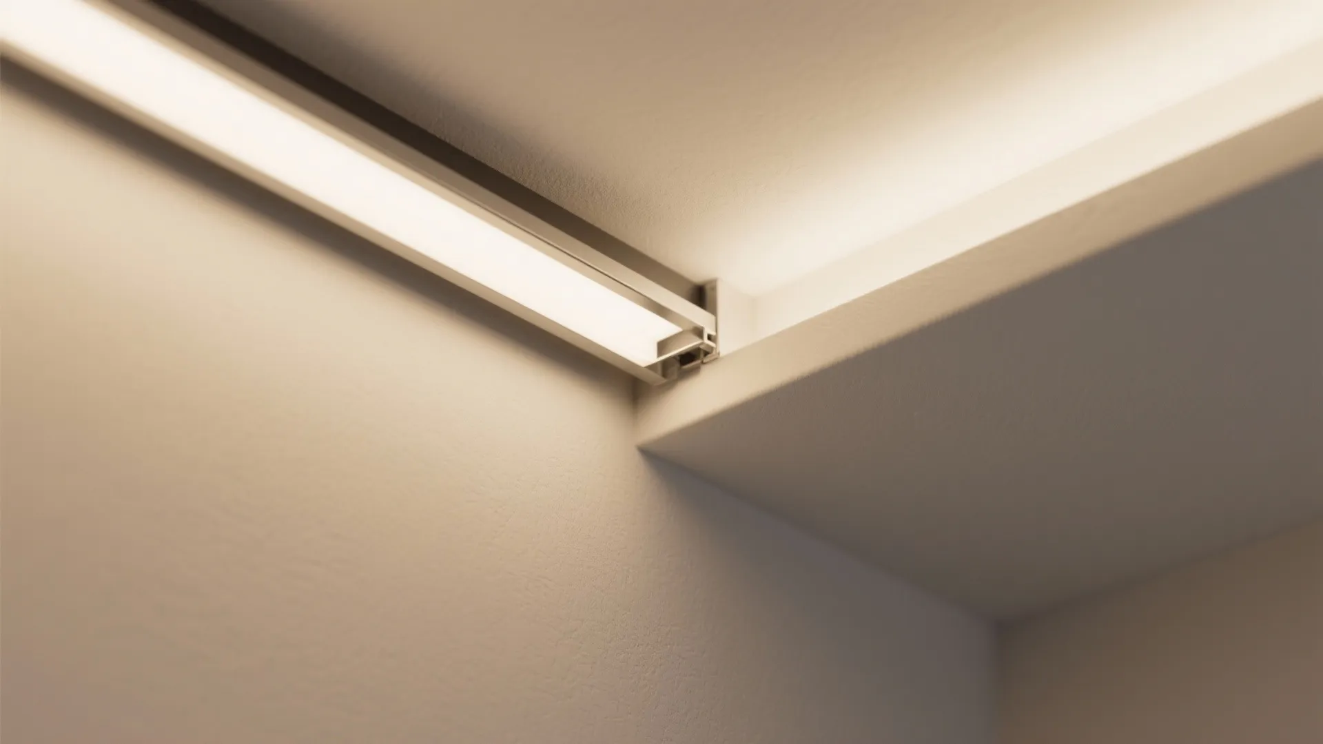 Close up of a modern recessed light fixture hidden inside a white ceiling edge detail