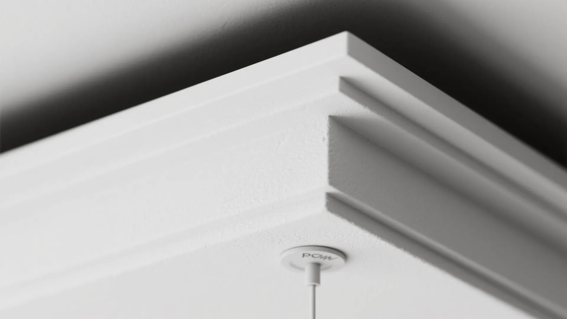 Close up interior design drawing of white ceiling wall panel corner with a light fixture