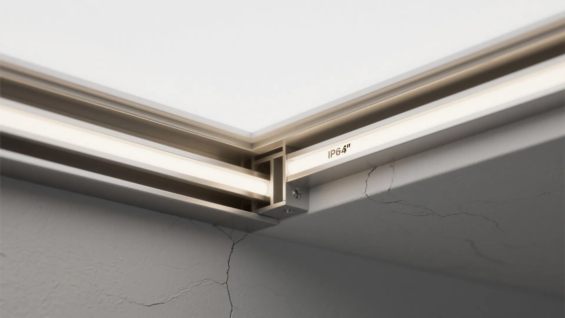 Close-up view of metal light fixture track installed in a ceiling corner with bright lights