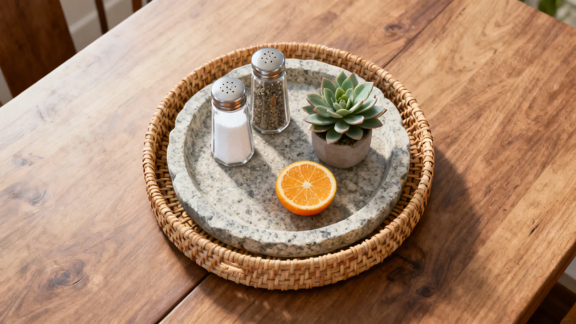 Top-down view of a stone tray with salt & pepper, a small succulent and a citrus accent on a wooden table.